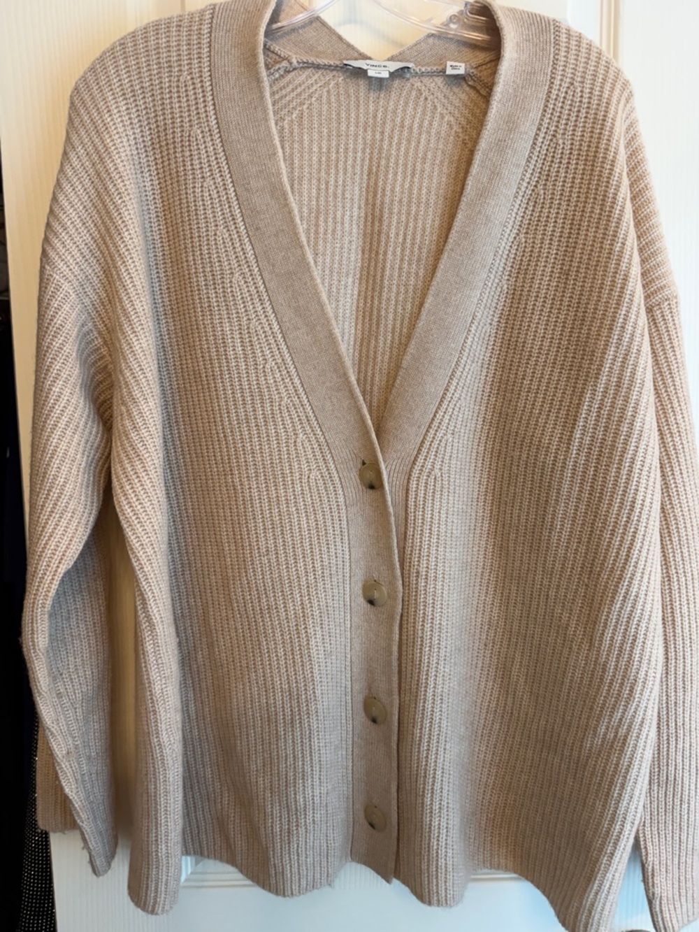 Vince Neutral Tan Ribbed V-Neck Button Cardigan